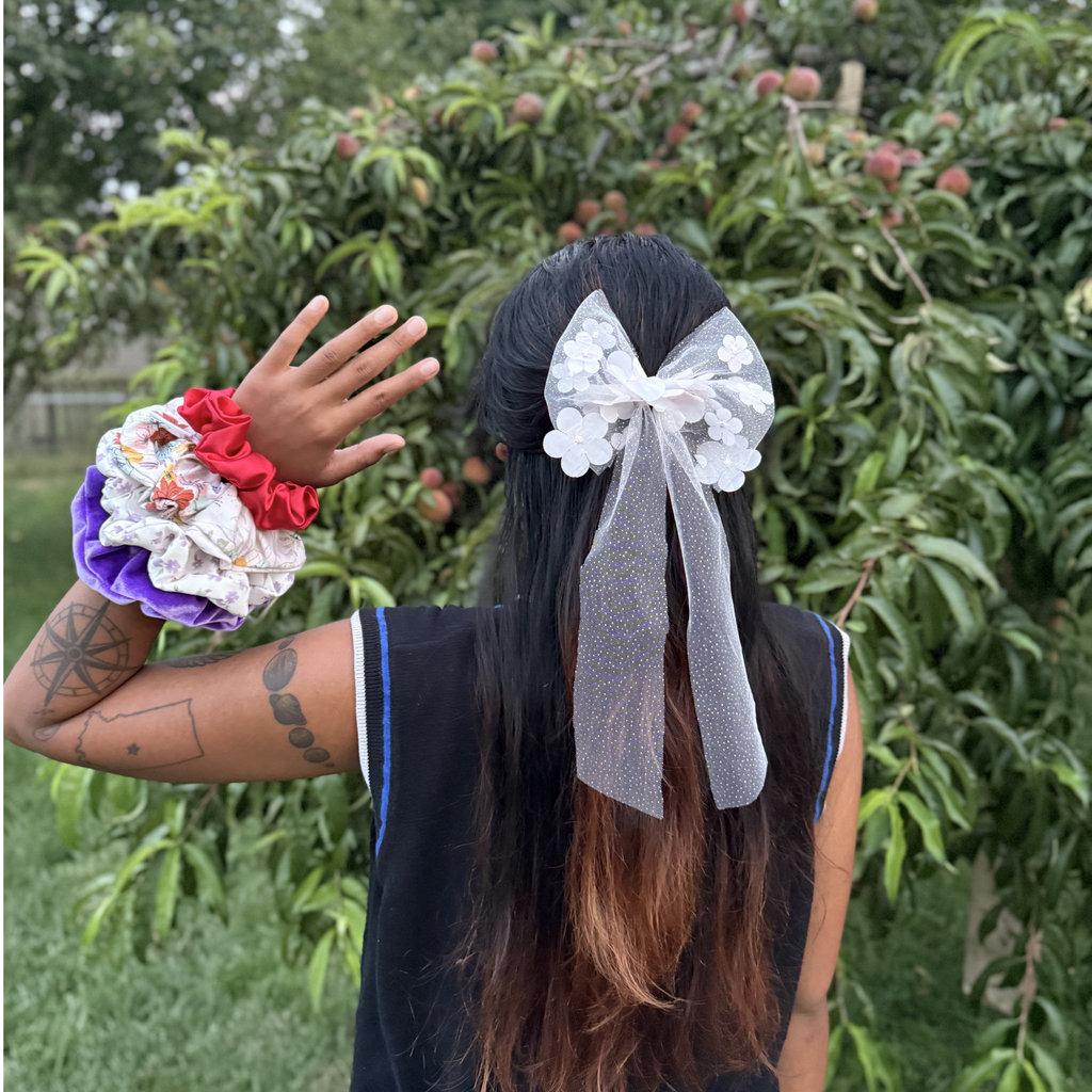 White Bows Floral Bloom Barrette with long tail