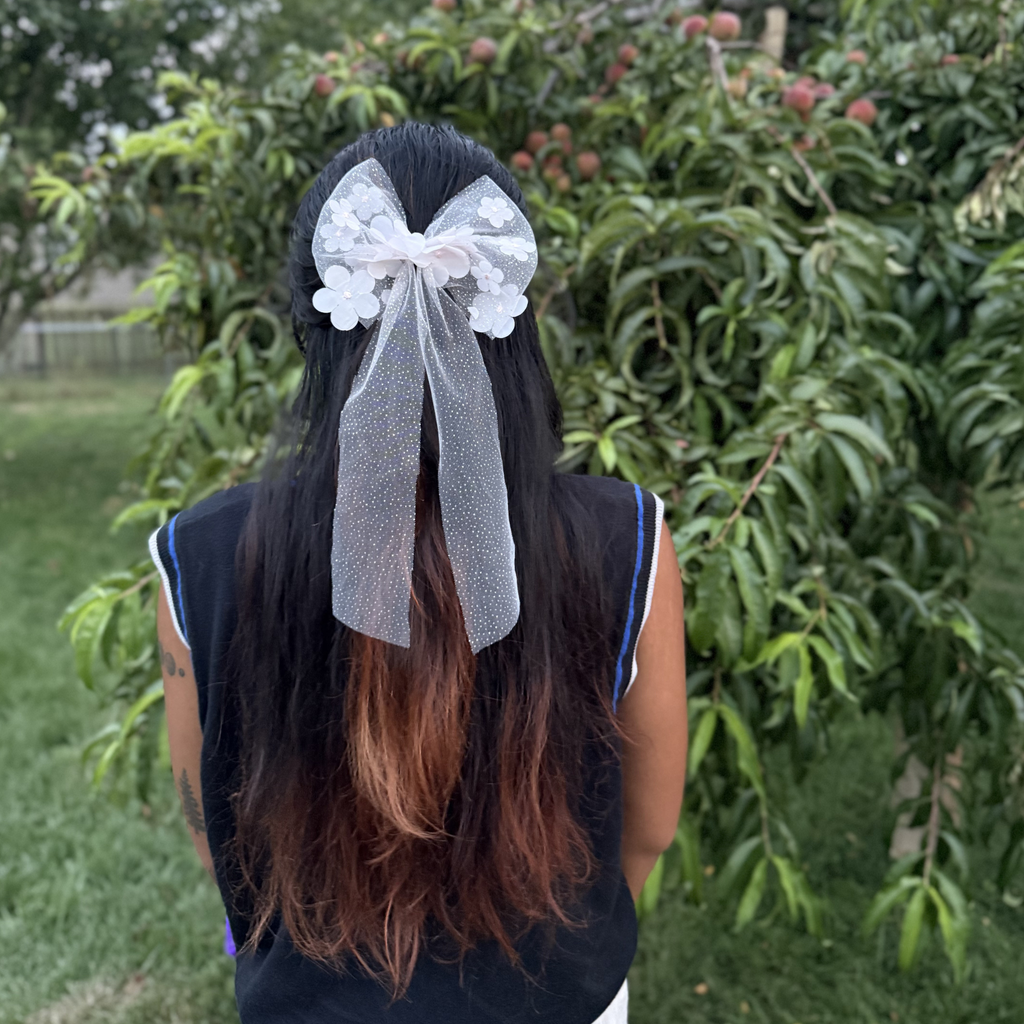 White Bows Floral Bloom Barrette with long tail